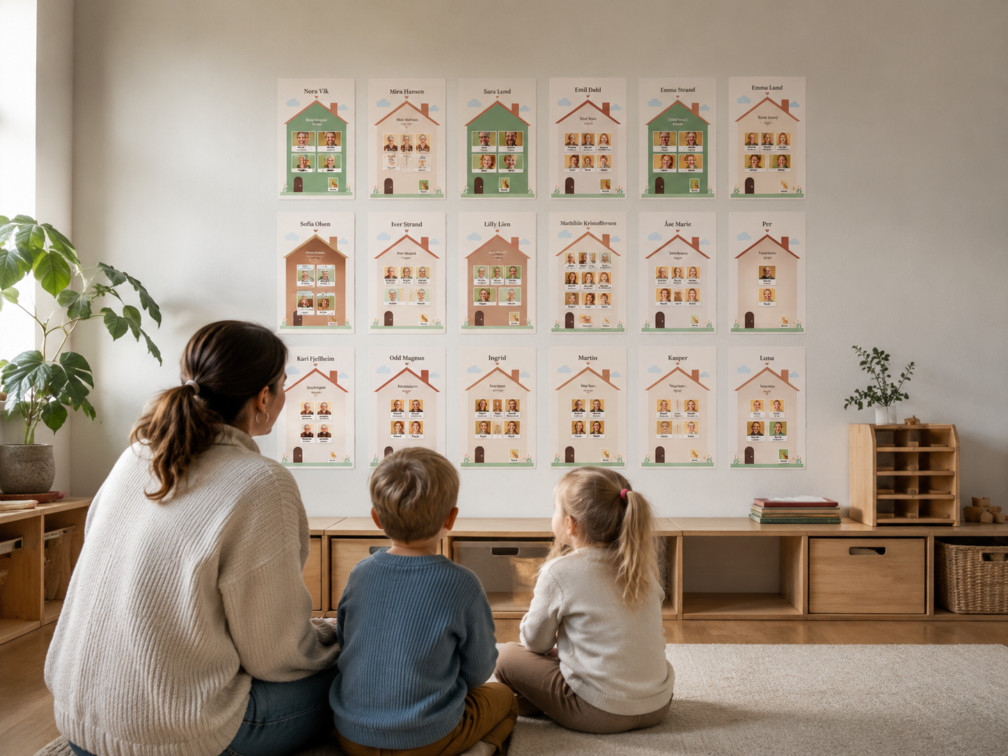 Voksen og to barn som sitter og ser på en vegg full av familiehus