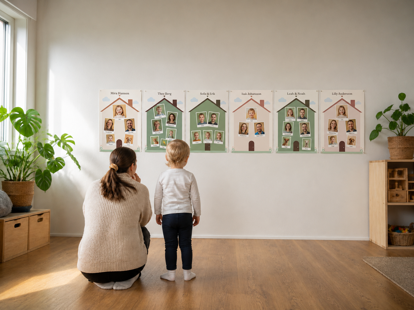 Voksen og barn som ser på familiehusene på veggen