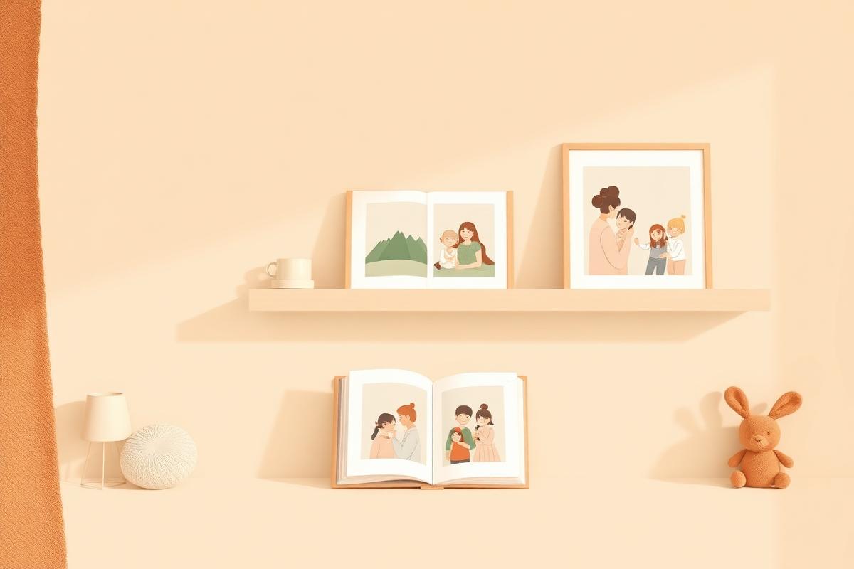 Familiebilder i ramme og en åpen bildebok på en hylle